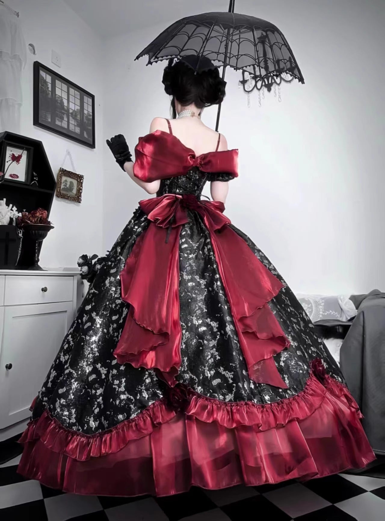 Black Red Gothic Lolita Off Shoulder Ball Gown Prom Evening Dress