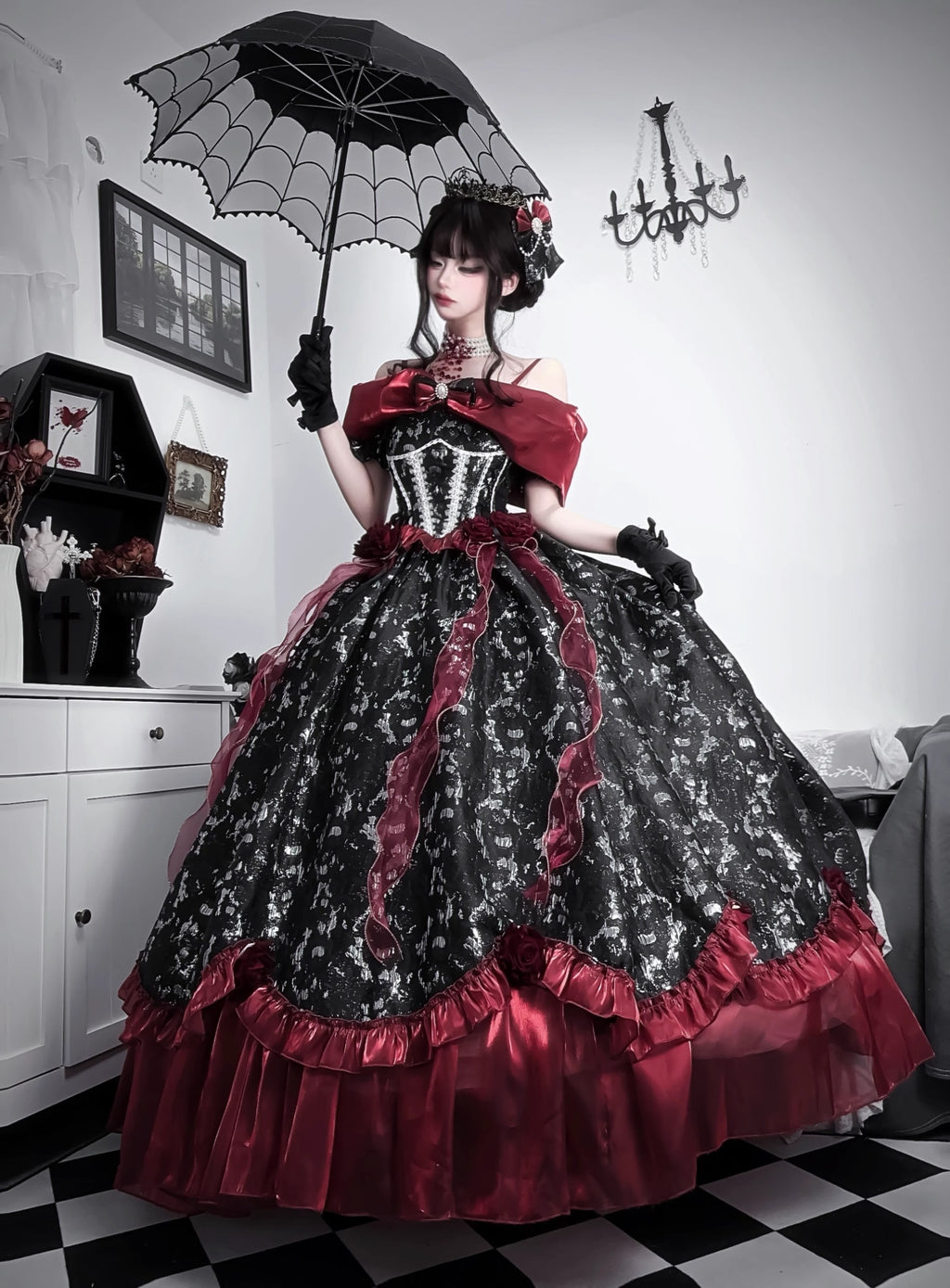 Black Red Gothic Lolita Off Shoulder Ball Gown Prom Evening Dress