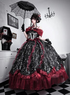 Black Red Gothic Lolita Off Shoulder Ball Gown Prom Evening Dress