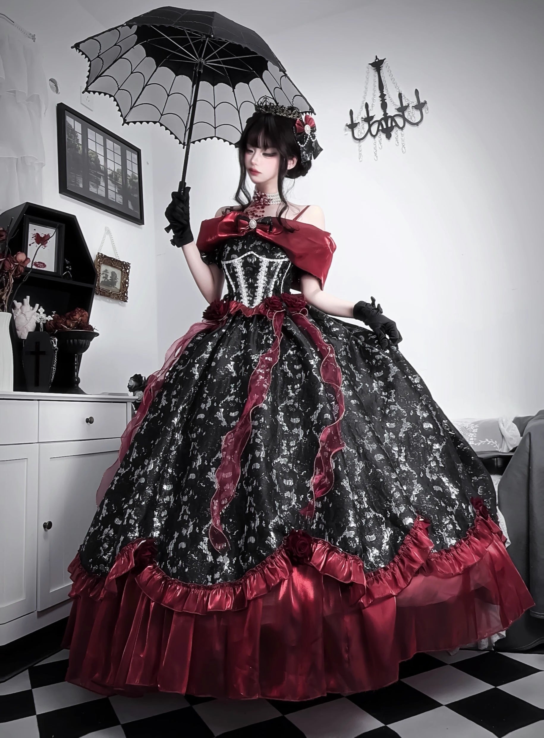 Black Red Gothic Lolita Off Shoulder Ball Gown Prom Evening Dress
