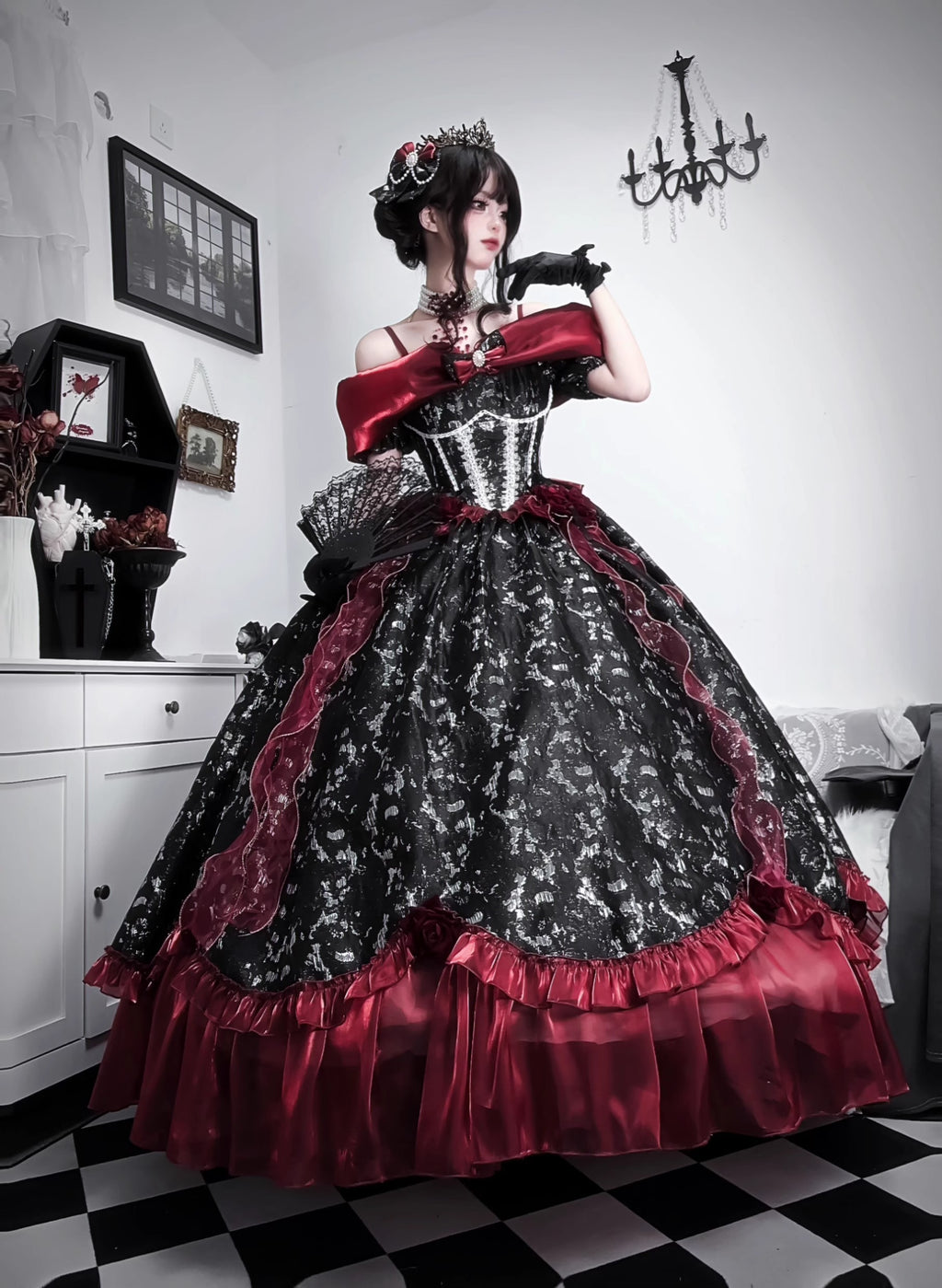 Black Red Gothic Lolita Off Shoulder Ball Gown Prom Evening Dress