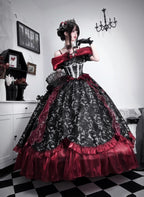 Black Red Gothic Lolita Off Shoulder Ball Gown Prom Evening Dress