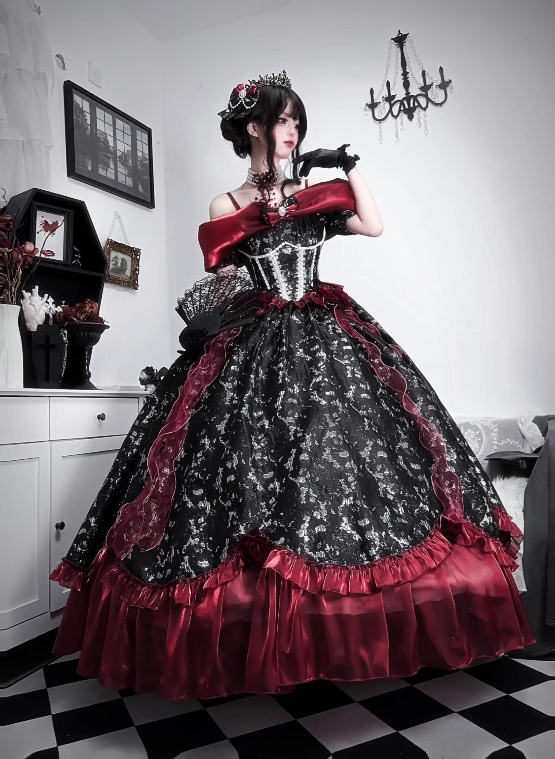 Black Red Gothic Lolita Off Shoulder Ball Gown Prom Evening Dress