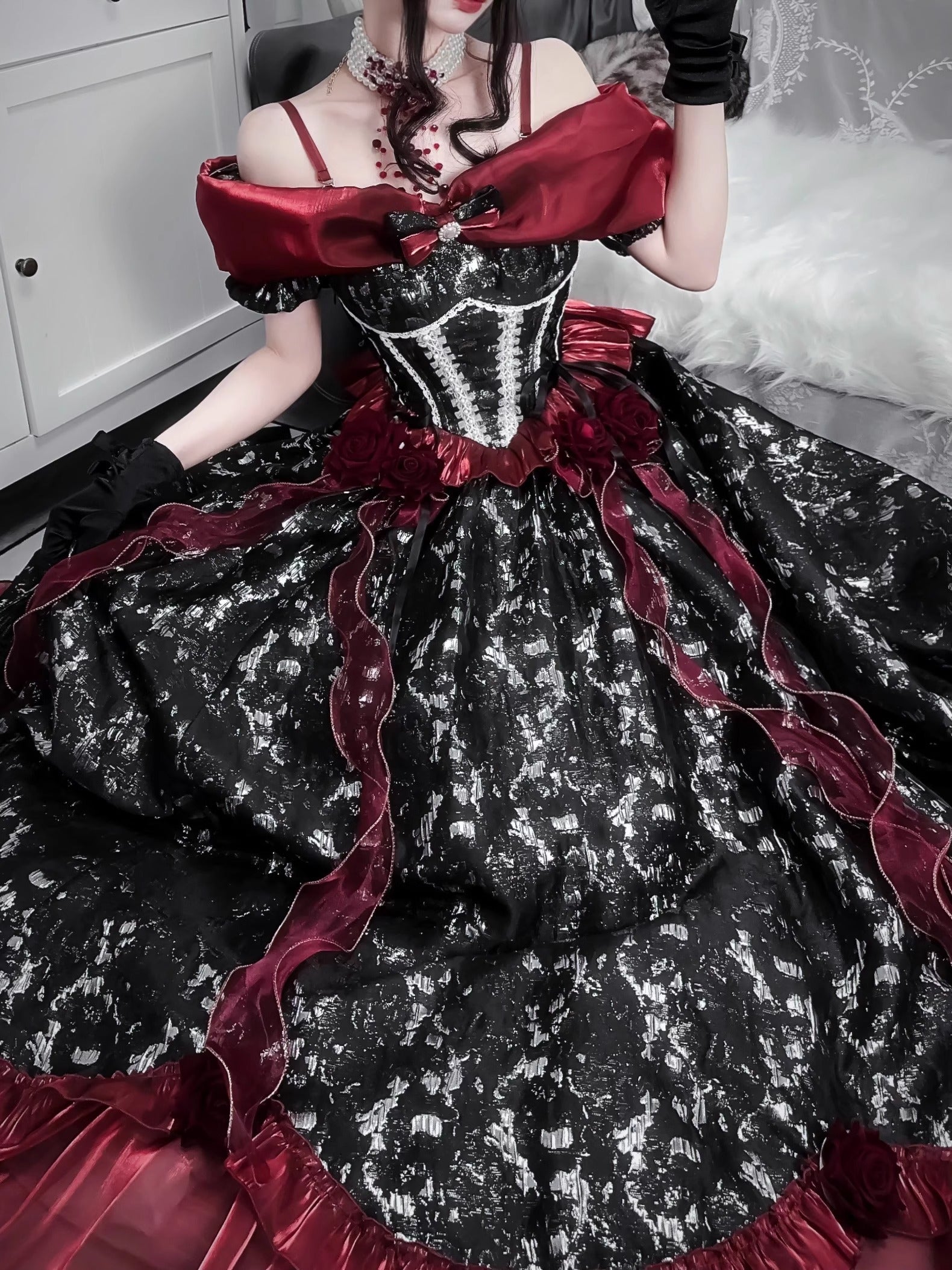 Black Red Gothic Lolita Off Shoulder Ball Gown Prom Evening Dress