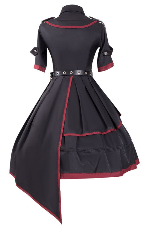 Military Lolita Black-Red Punk Style Tie Metal Chain Belt Dress