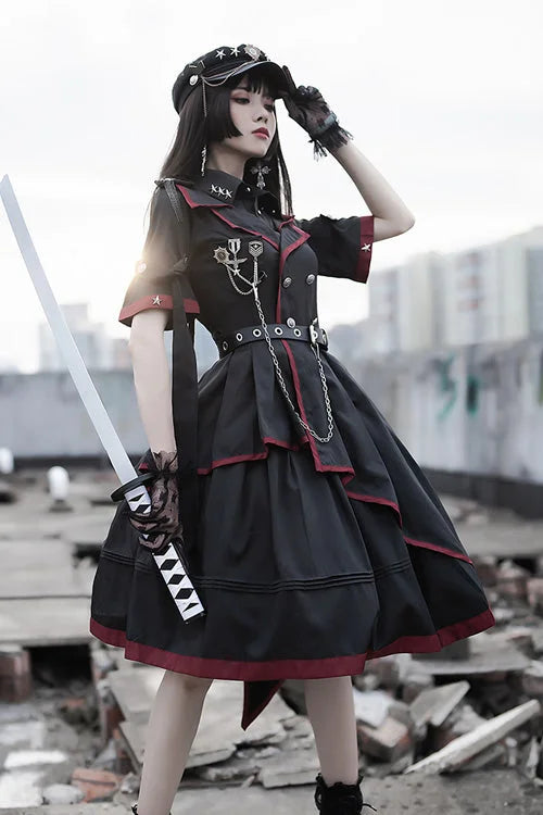 Military Lolita Black-Red Punk Style Tie Metal Chain Belt Dress