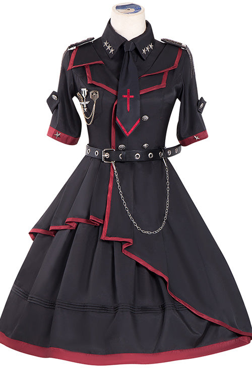 Military Lolita Black-Red Punk Style Tie Metal Chain Belt Dress