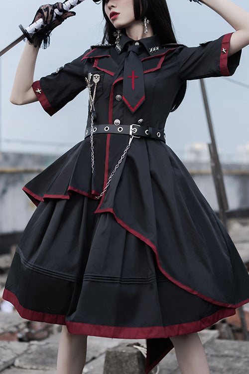 Military Lolita Black-Red Punk Style Tie Metal Chain Belt Dress