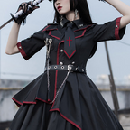 Military Lolita Black-Red Punk Style Tie Metal Chain Belt Dress