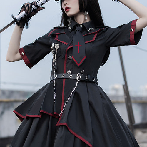 Military Lolita Black-Red Punk Style Tie Metal Chain Belt Dress