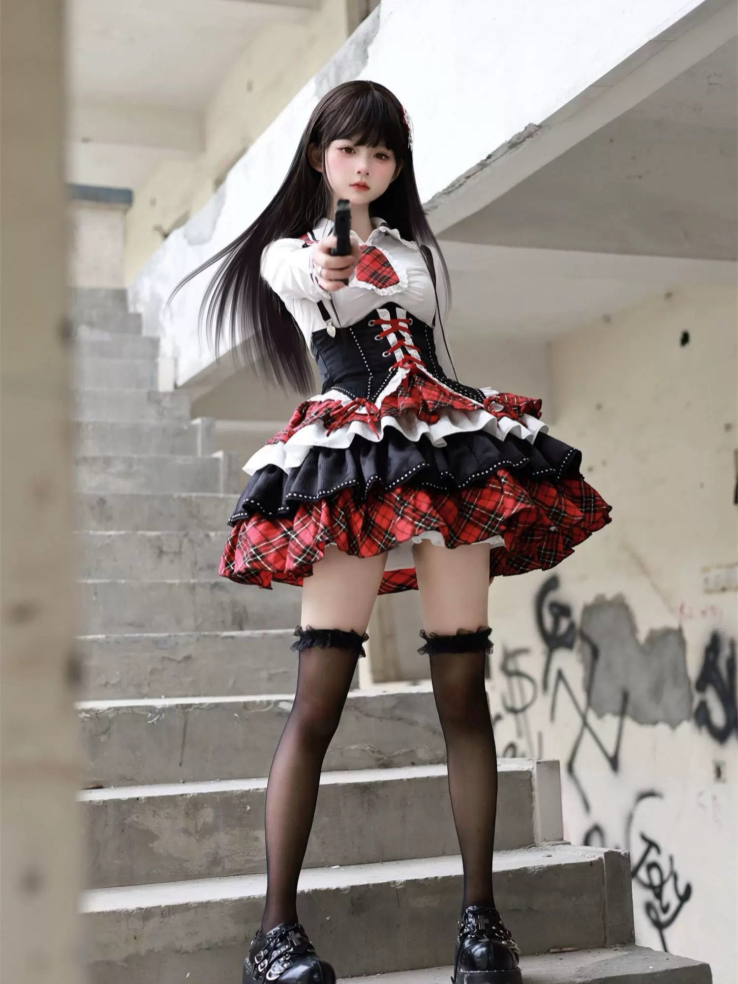 Punk Lolita Black-red Rock Style Subculture Idol Costume Pleated Skirt Dress Hot Girl