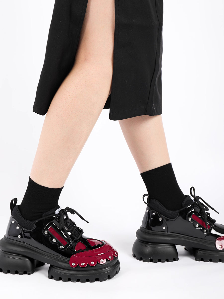 Lolita Shoes Black Thick Soled Lolita Shoes Sweet Red Bow Japanese Spring Style Leather for Women