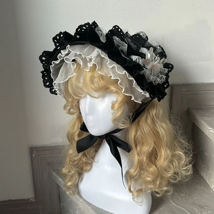 Lolita Hair Accessories Black-white Gothic Bonnet Hat Flower
