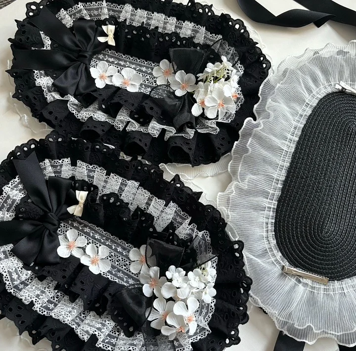 Lolita Hair Accessories Black-white Gothic Bonnet Hat Flower