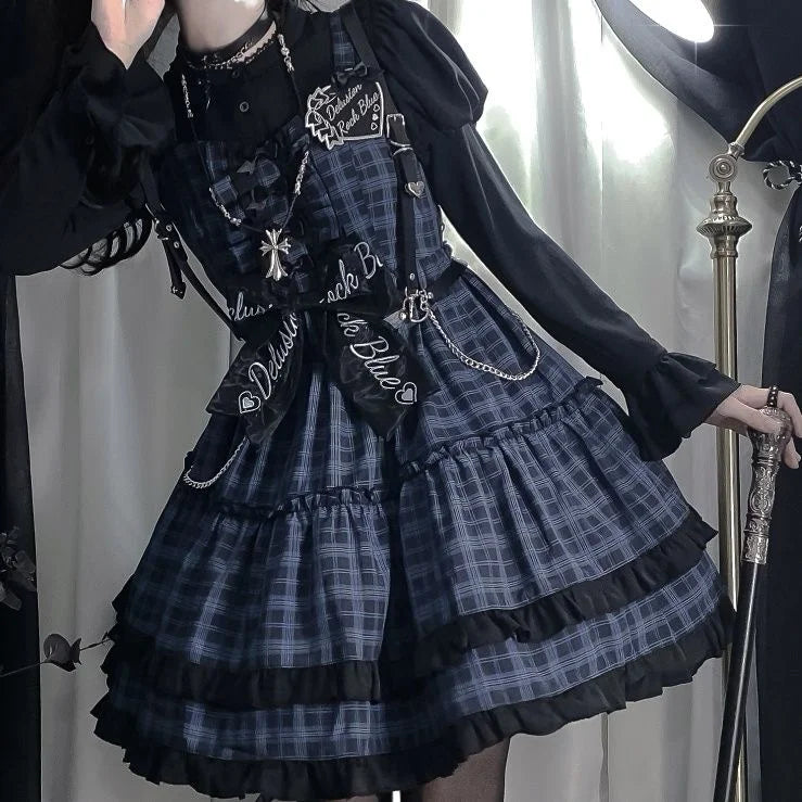 Punk Lolita Black Blue Rock Sleeveless Chain Metal Bow Cake Skirt