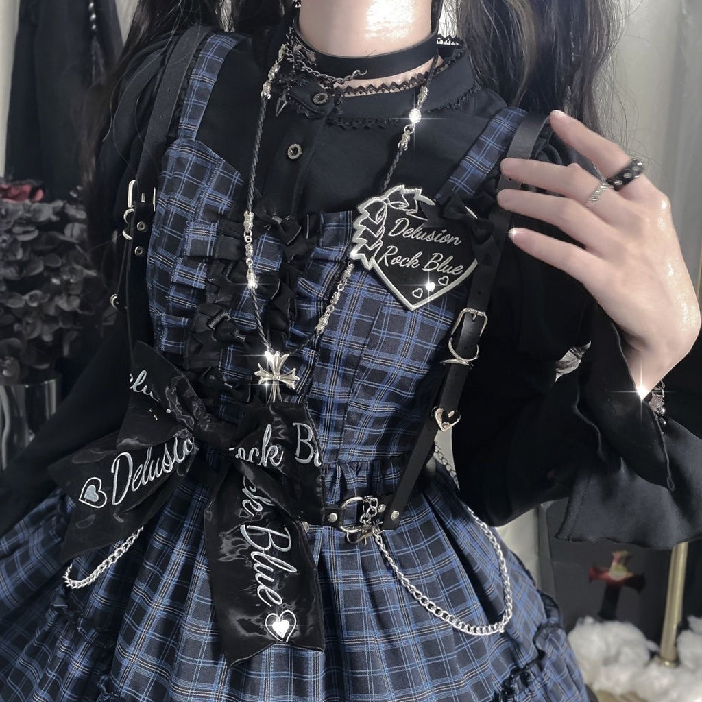 Punk Lolita Black Blue Rock Sleeveless Chain Metal Bow Cake Skirt