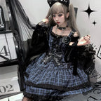 Punk Lolita Black Blue Rock Sleeveless Chain Metal Bow Cake Skirt