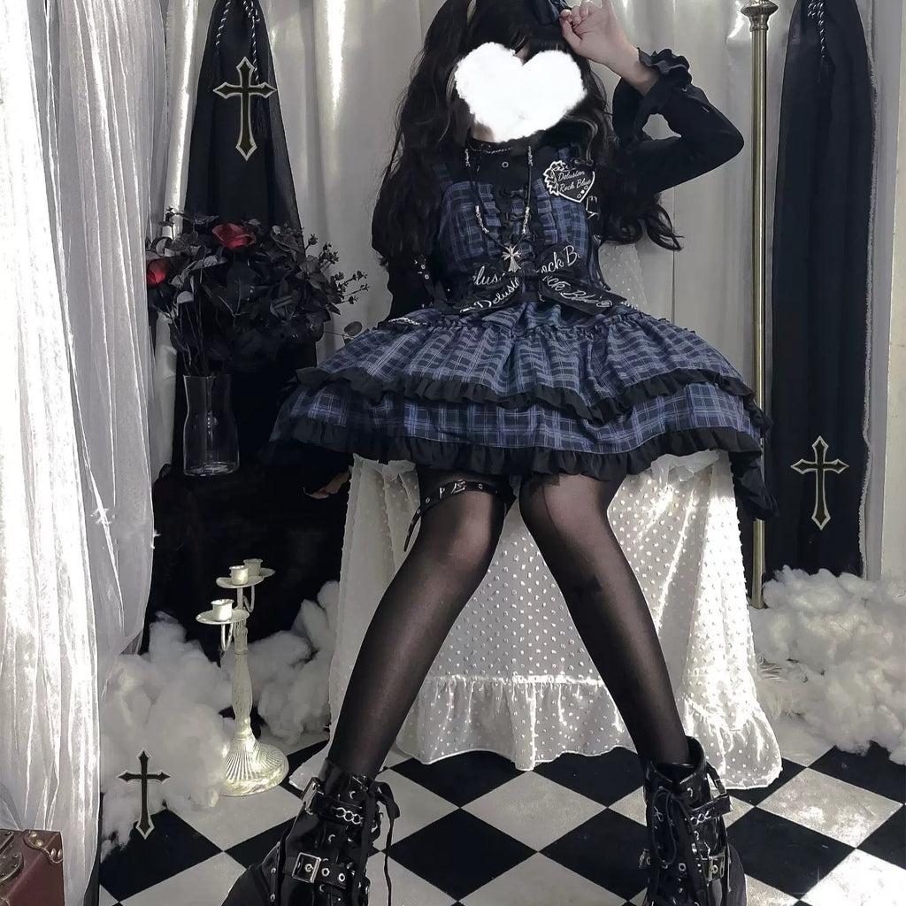 Punk Lolita Black Blue Rock Sleeveless Chain Metal Bow Cake Skirt