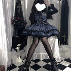Punk Lolita Black Blue Rock Sleeveless Chain Metal Bow Cake Skirt