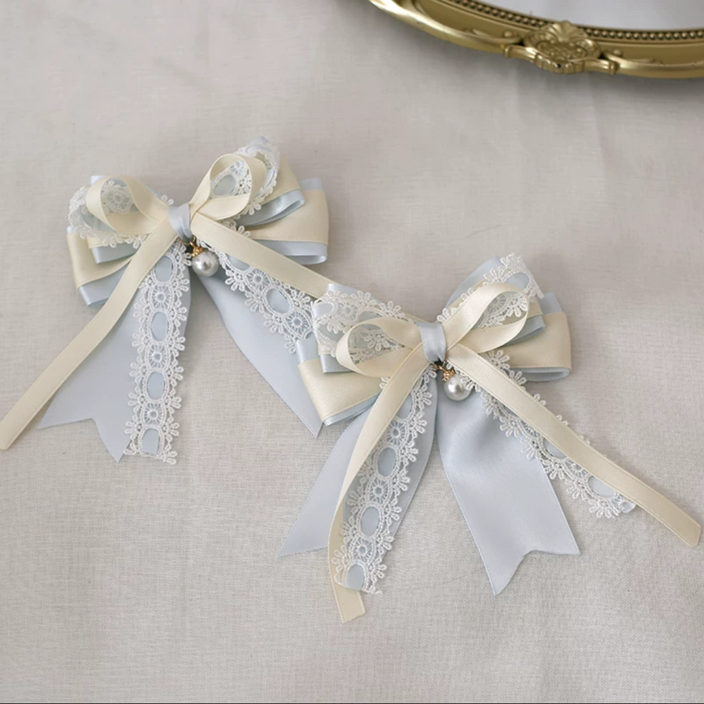 Lolita Hair Accessories Blue-white Rose Bow Hairband Hat with Lace Hair Clips
