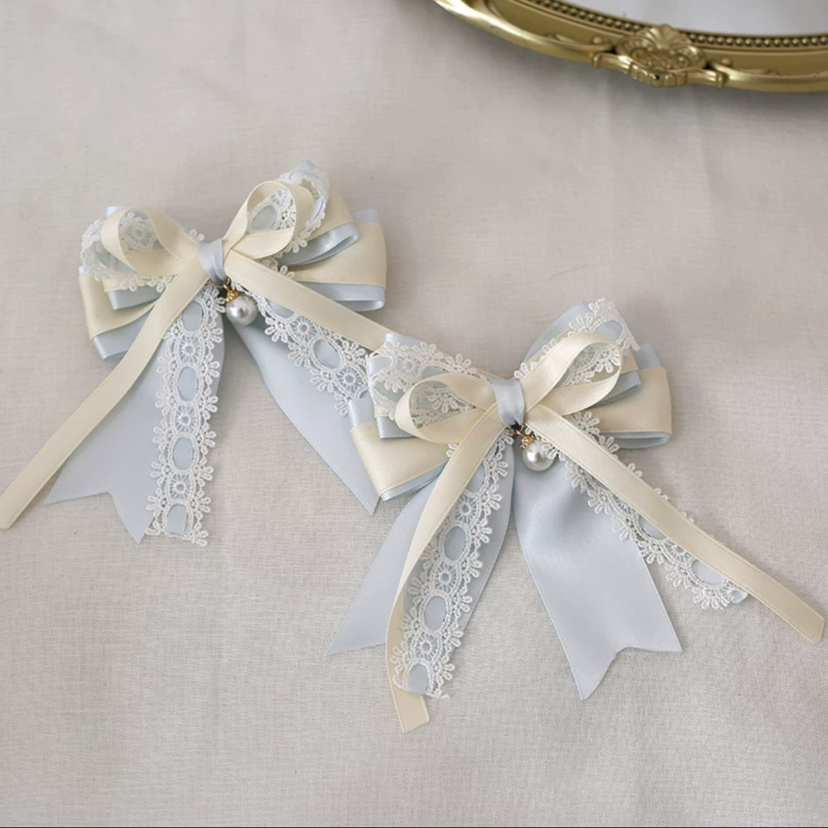 Lolita Hair Accessories Blue-white Rose Bow Hairband Hat with Lace Hair Clips
