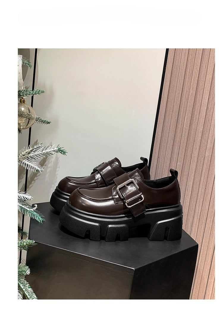 Lolita Shoes Brown Chunky Platform Loafers 7cm Height Increase British Style Leatherfor Women