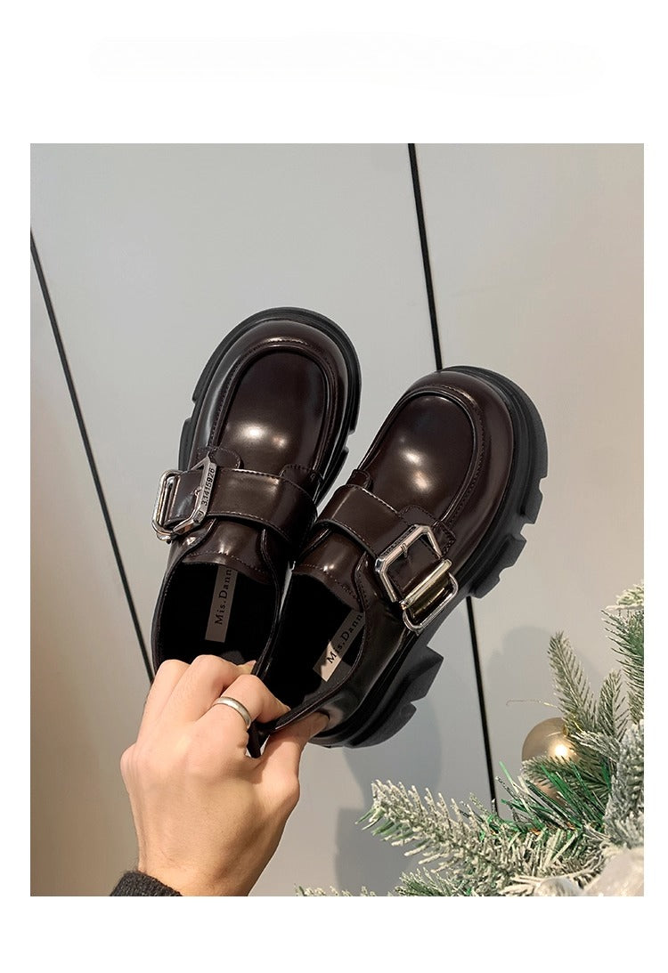 Lolita Shoes Brown Chunky Platform Loafers 7cm Height Increase British Style Leatherfor Women