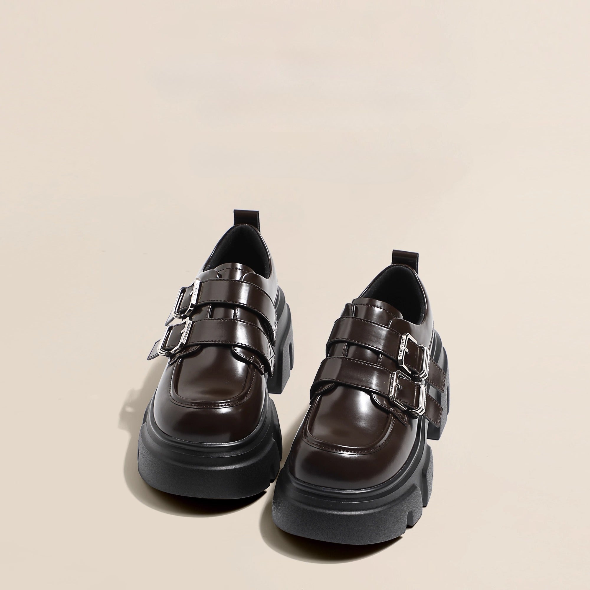 Lolita Shoes Brown Chunky Platform Loafers 7cm Height Increase British Style Leatherfor Women