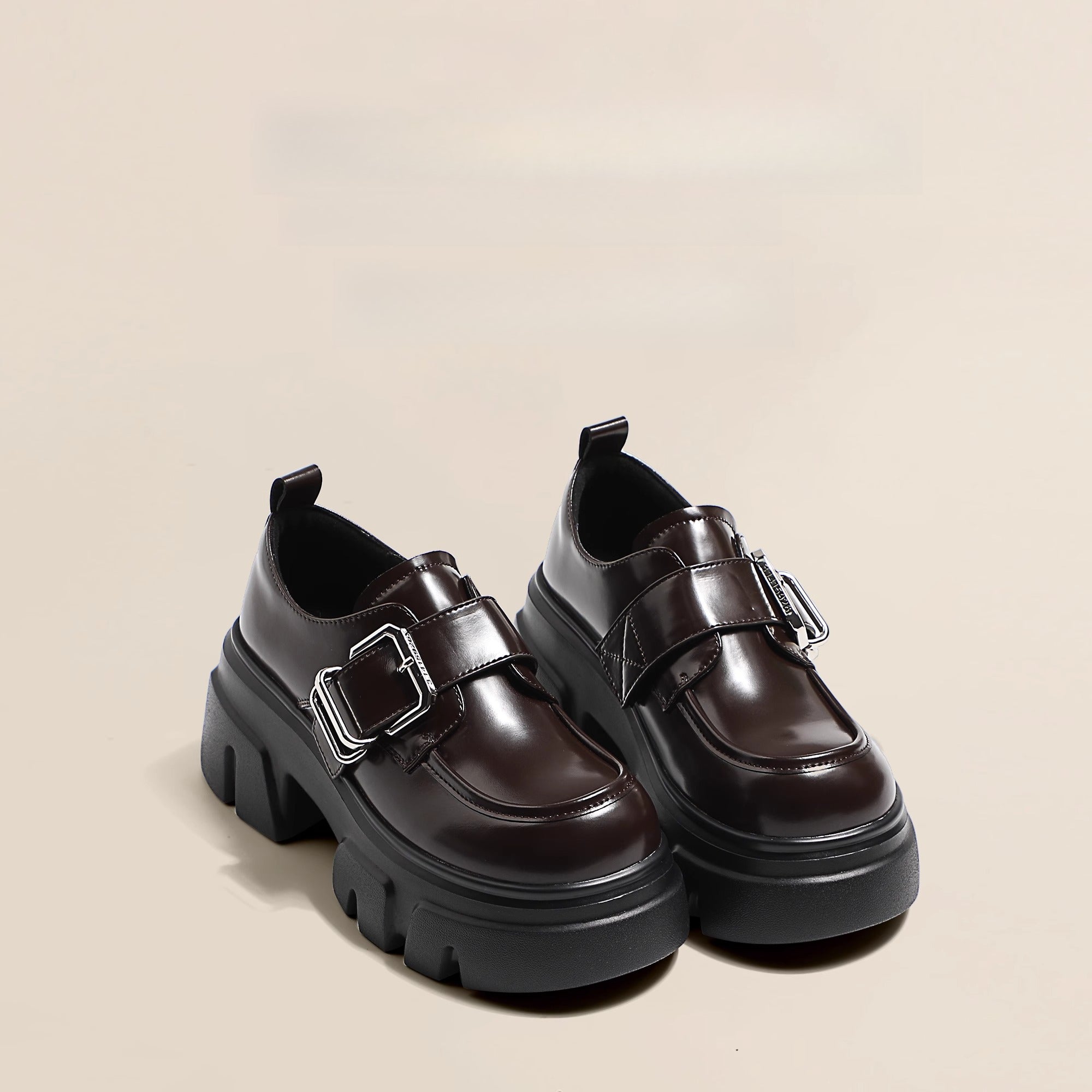Lolita Shoes Brown Chunky Platform Loafers 7cm Height Increase British Style Leatherfor Women