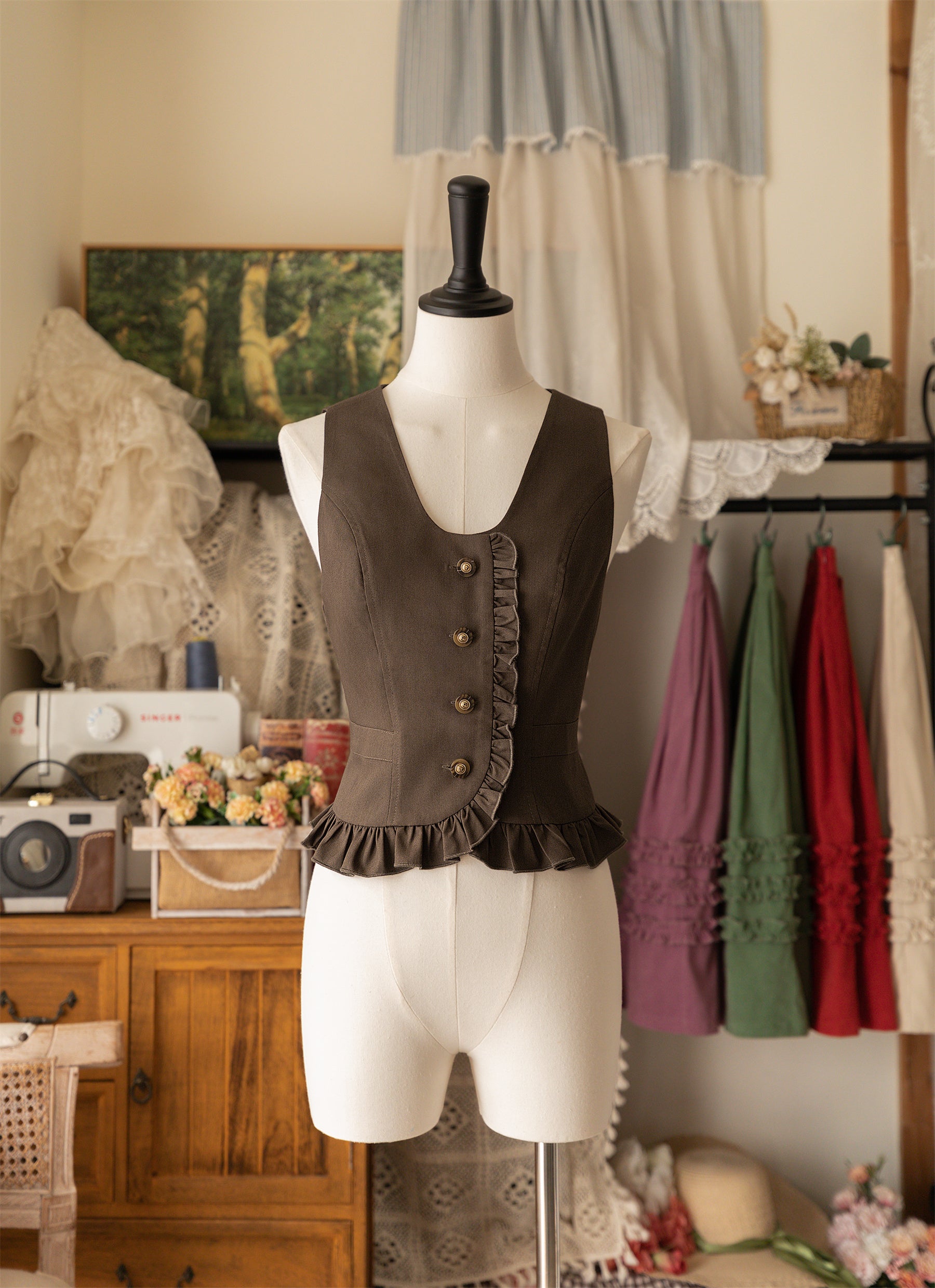 Lolita Vests Brown Ruffle Spring and Autumn Elegant Classic with Retro
