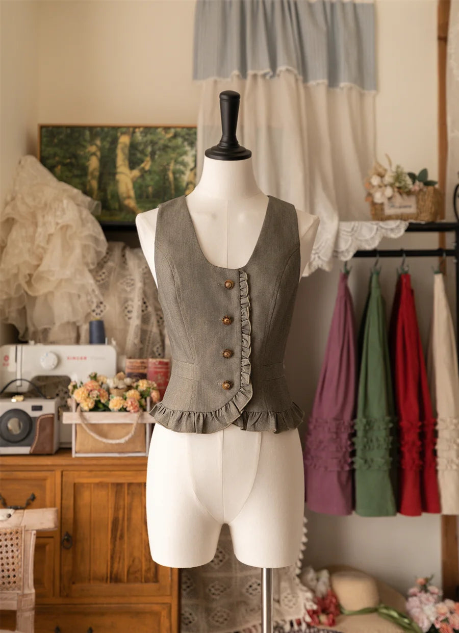 Lolita Vests Brown Ruffle Spring and Autumn Elegant Classic with Retro