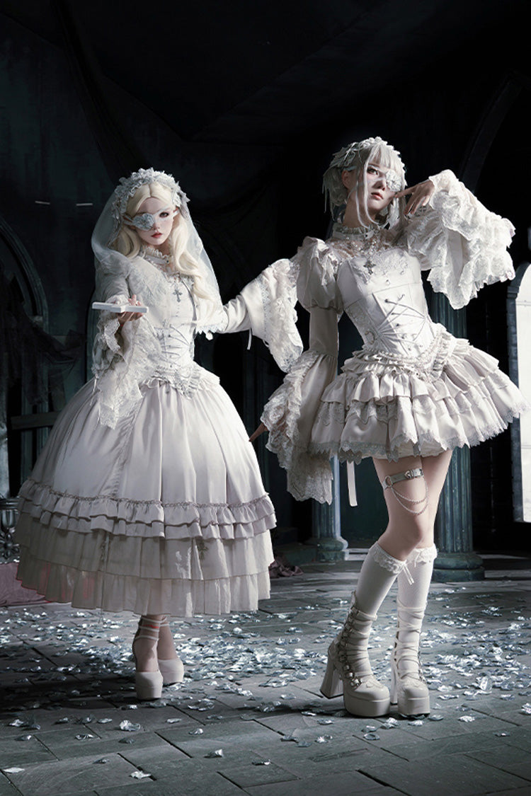 Solid Color Bionic Doll Square Collar Multi-Layered Ruffle Bowknot Lace-Up Gothic Lolita Long Skirt Corset Set