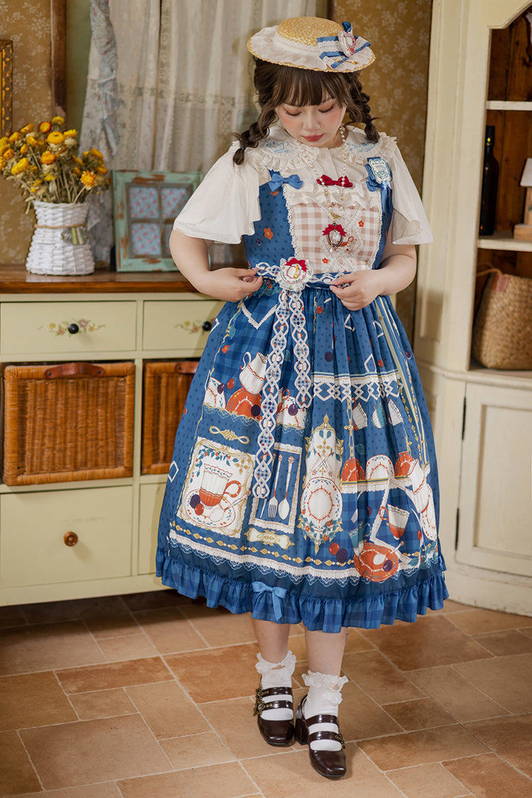 Dark Blue Tea Party Print Ruffle Bowknot Lace Sweet Elegant Lolita Jsk Dress