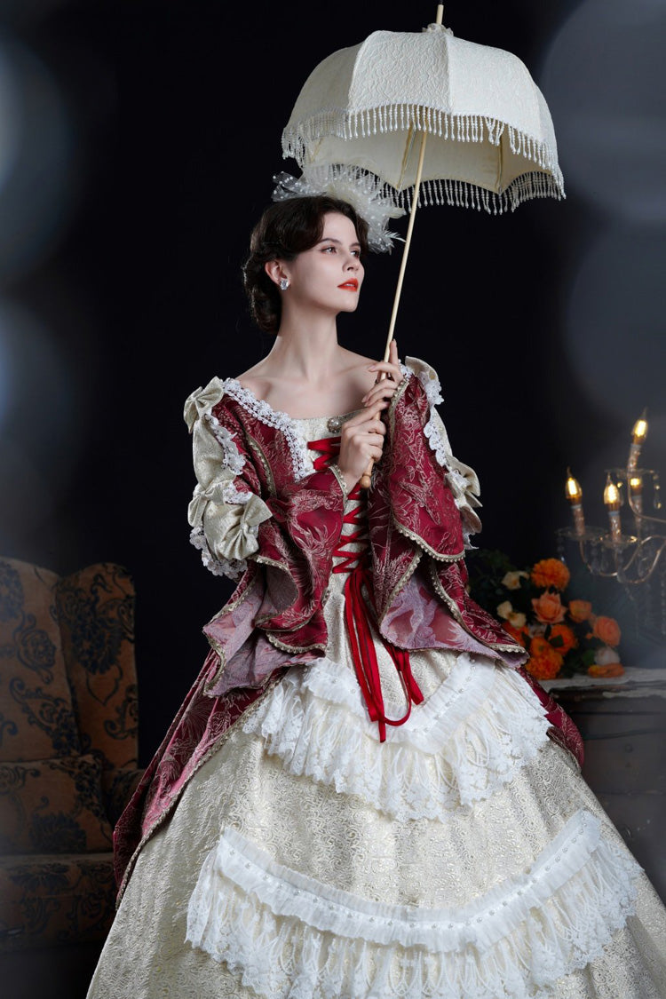 Wine/Ivory Long Hime Sleeves Lace-Up Classic Vintage Palace Lolita Victorian Dress