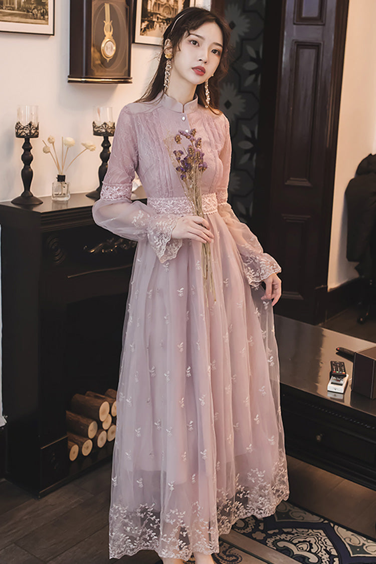 Dream Purple French Retro Lantern Sleeves High Waist Slimming Lace Embroidery Sweet Lolita OP Dress