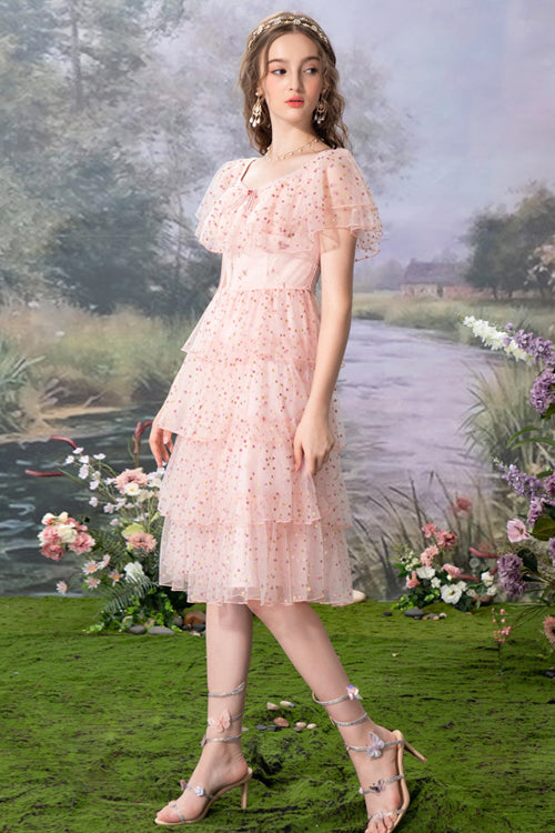 Pink Round Collar Ruffled Short Sleeves Polka Dot Print Sweet Lolita Tiered Dress