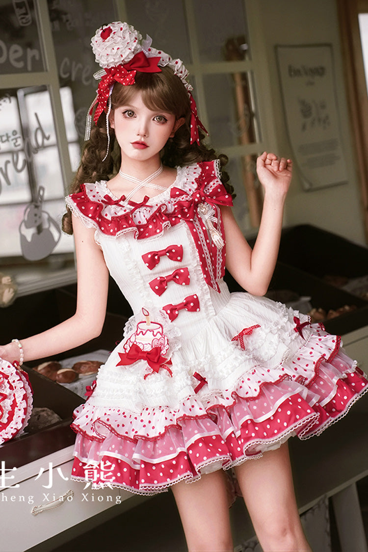 Red/White Twin Bears Sleeveless Triple-Layered Print Ruffle Bowknot Lace Sweet Lolita Jsk Dress