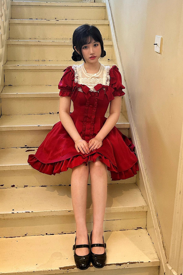 Wine Red Annie's Gift Short Sleeves Bowknot Short Version Sweet Lolita Dress (Plus Size Support)