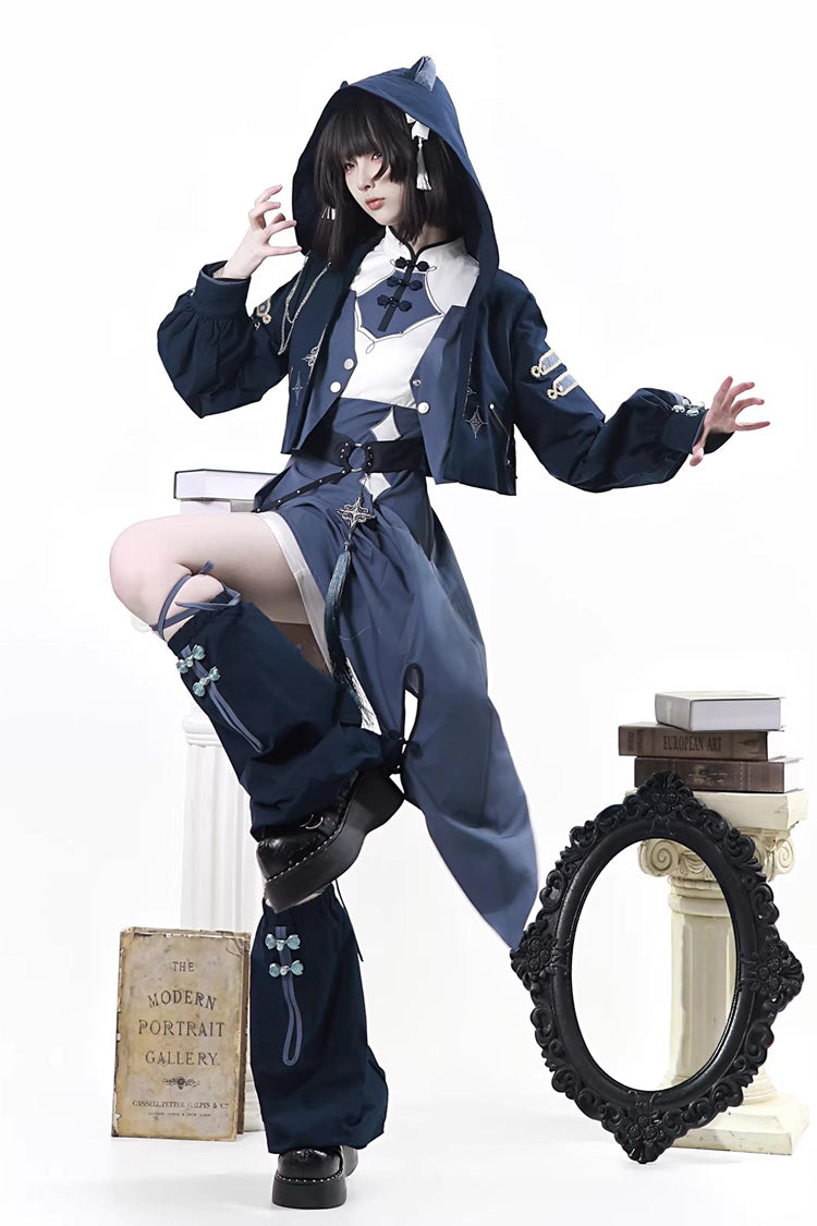Blue Indigo Shadow Journey Stand Collar Long Sleeves Embroidered Hooded Asymmetric Punk Ouji Lolita Dress Four-Piece Set