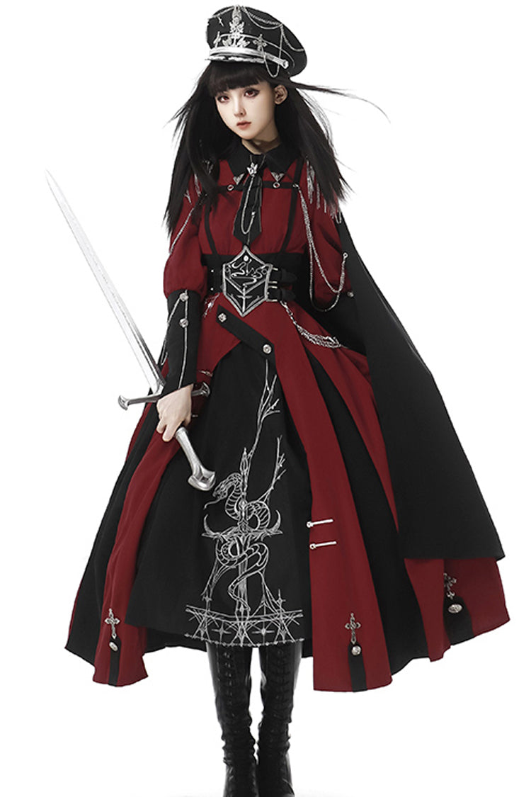 Red/Black Scarlet Night Knight Metal Chain Print Bowknot Gothic Military Elegant Lolita Dress