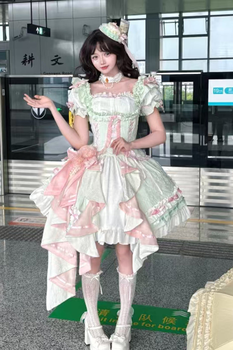 Spring Overture Square Collar Short Sleeves Ruffle Cardigan Bowknot Lace Sweet Elegant Lolita Skirt Set 4 Colors