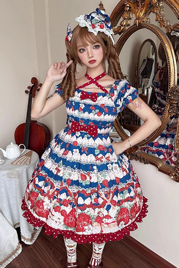 Cream Berry Fairy Red/Blue Short Sleeves Print Ruffle Bowknot Sweet Lolita Dress
