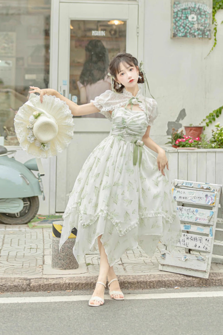 Lily of the Valley Spring Short Sleeves Jacquard Print Bowknot Irregular Sweet Lolita Jsk Dress