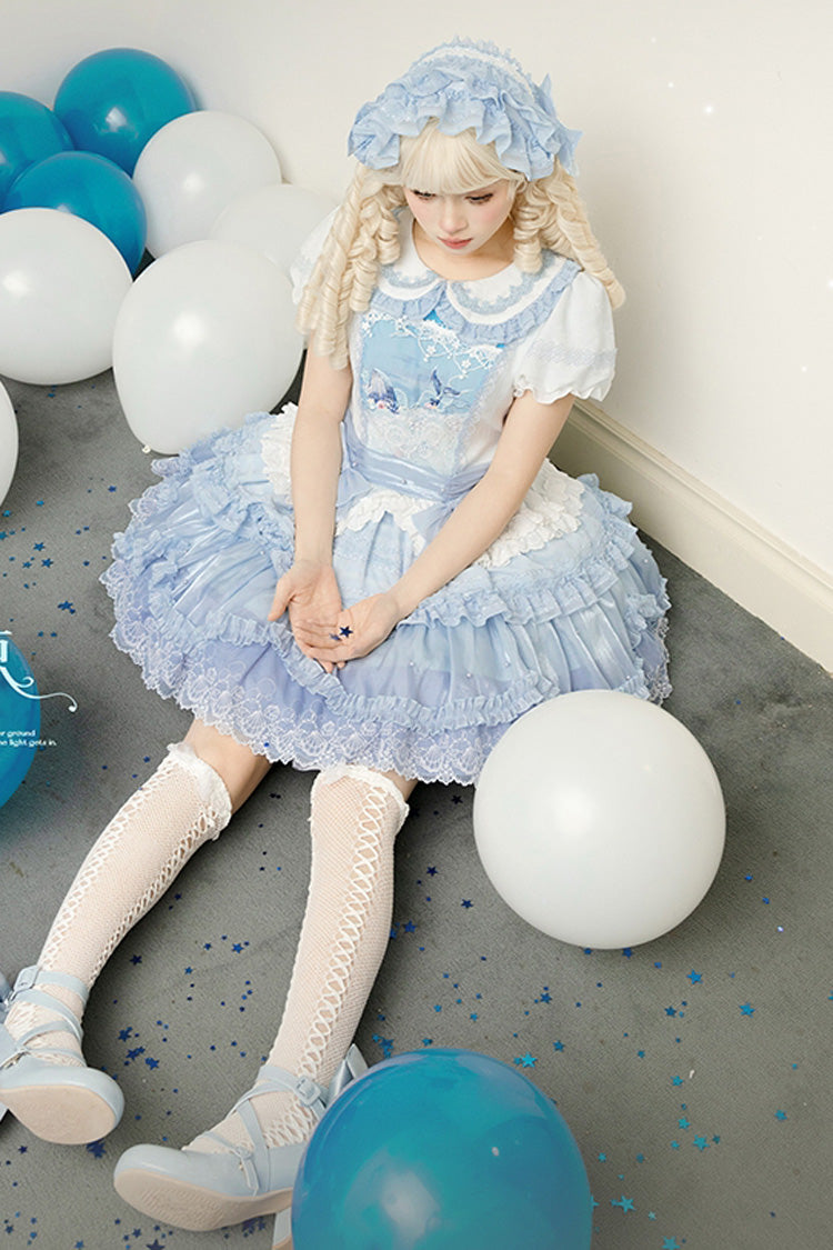 Blue Whale Lapel Collar Short Sleeves Triple-Layered Ruffle Embroidery Sweet Lolita Dress