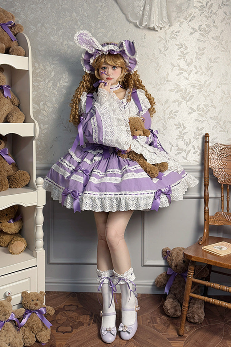 Purple Rabbit Sleeping Doll Long Trumpet Sleeves Ruffle Bowknot Lace Sweet Lolita Dress
