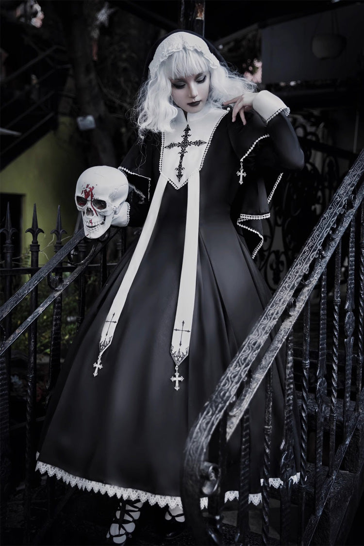 Black Nun Long Sleeves Print Stitching Lace Gothic Elegant Lolita Dress