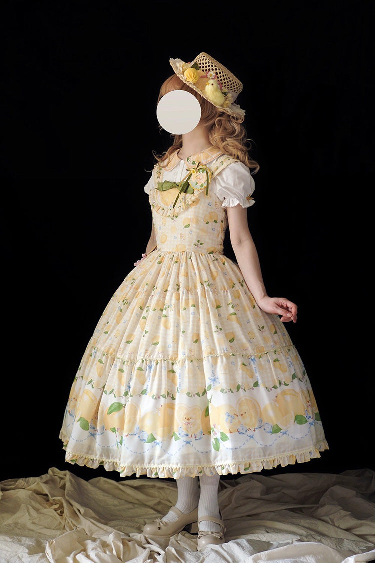 Yellow Lemon Chicken Print Ruffle Bowknot Lace Sweet Lolita Jsk Long Dress