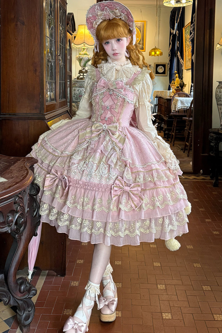 Pink Crown of Gems Triple-Layered Ruffle Bowknot Lace Sweet Gorgeous Lolita Jsk Dress