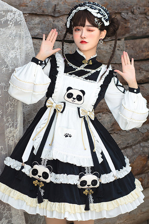 Black/White High Neck Lantern Sleeves Multi-Layer Ruffled Panda Bun Shop Sweet Lolita Op Dress