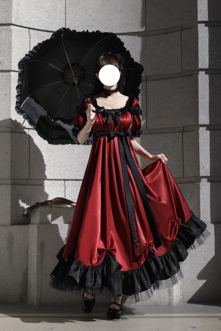 Red Square Collar Short Sleeves Ruffle Bowknot Sweet Regency-Style Vintage Lolita Dress